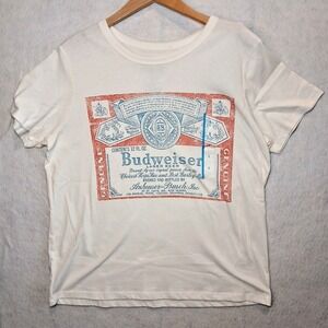 Budweiser Logo T Shirt for Womens Large Off White Red and Blue Classic Style NWT